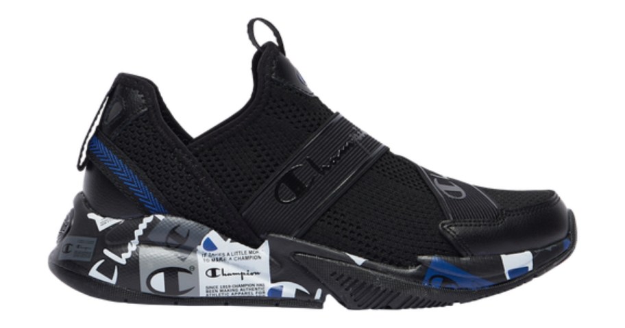 black Champion kids shoe with blue and black logos on the sole