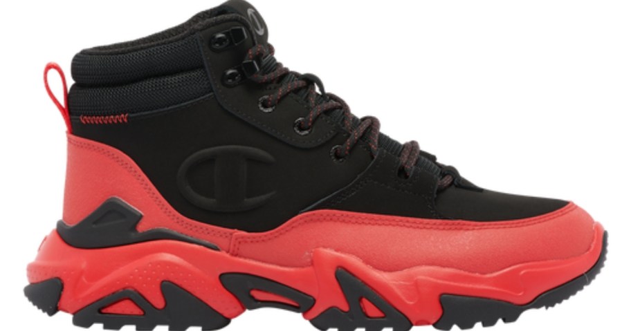 black and red men's Champion mid top shoe