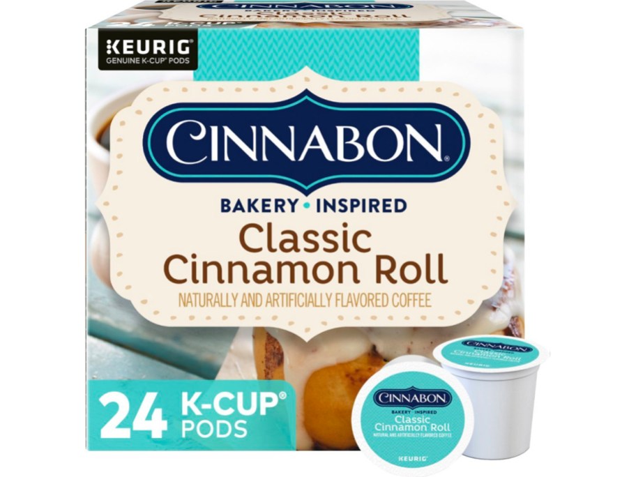 cinnamon classic cinnamon roll kcups 24 count box with pods sitting in front