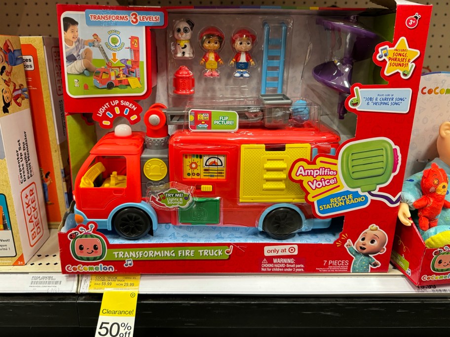 cocomelon firetruck toy on shelf