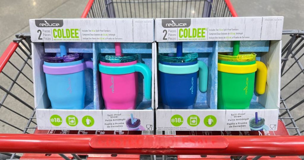 two 2 packs of reduce coldee 14oz tumblers in a costco cart