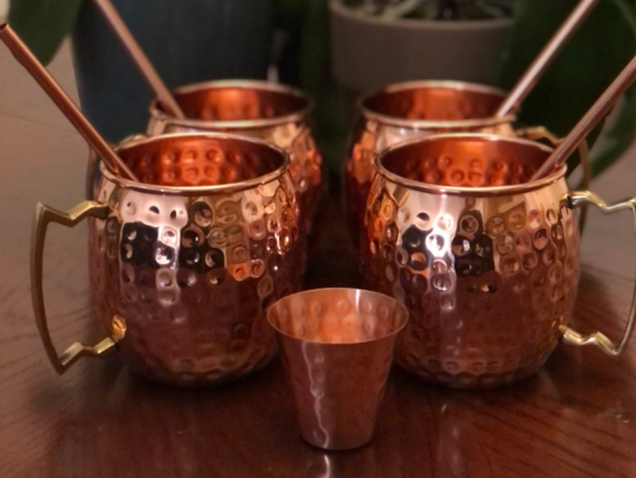 Copper mug set with straws and shot glass