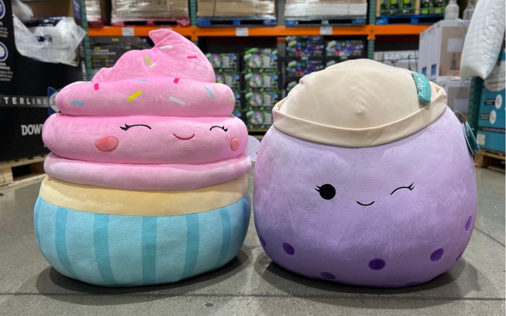 2 costco squishmallows, cupcake with pink frosting and purple boba tea