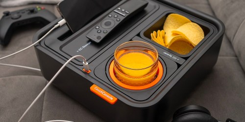 Couch Caddy Snack Tray & Charging Hub from $45 Shipped (Reg. $70) | Self-Balances Your Drink!