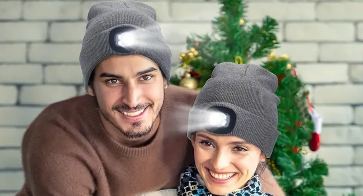 couple wearing LED beanie in gray