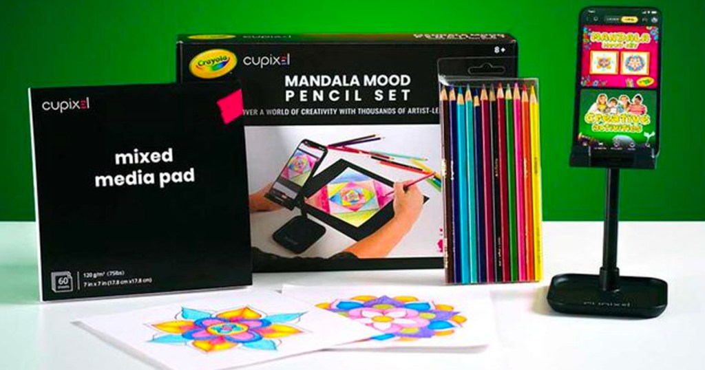 crayola cupixel mandala mood art set box with al accessories laying out