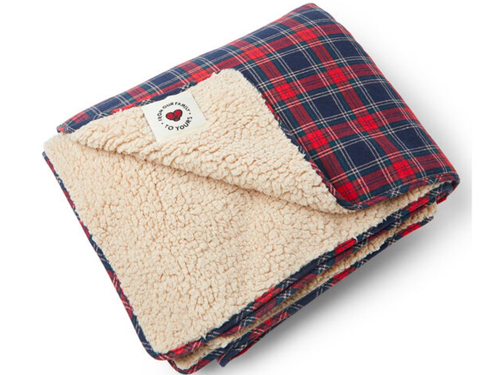 holiday red and blue plaid sherpa blanket