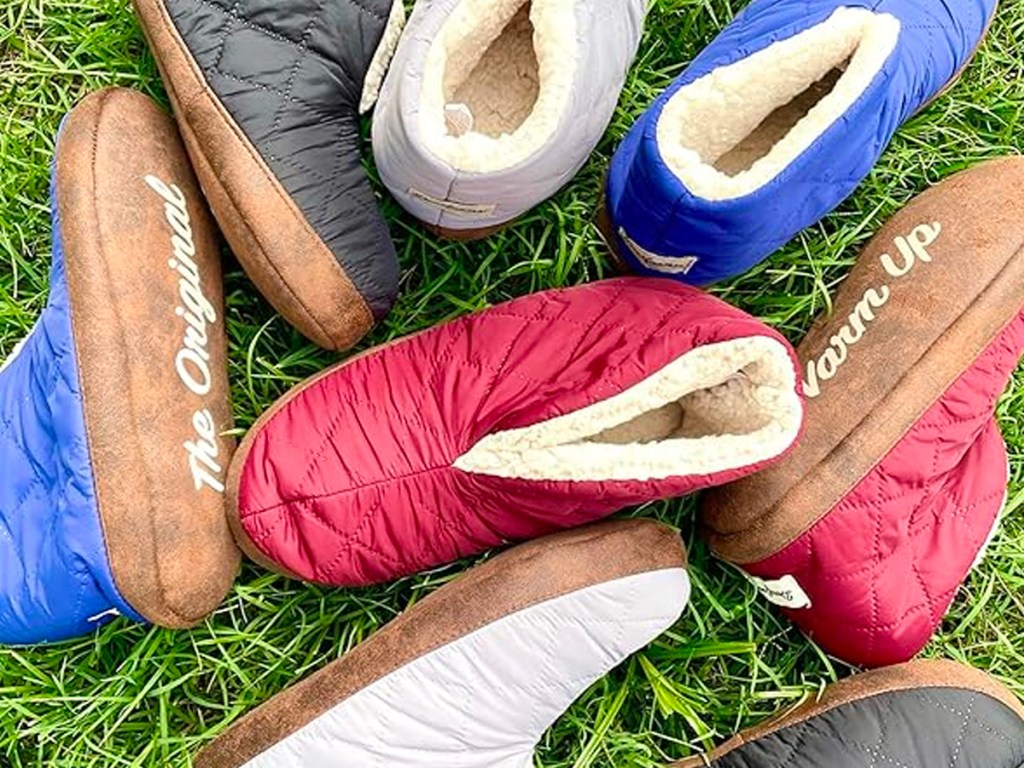 dearfoam slippers in multiple colors laying on grass