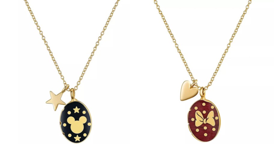 two gold disney mickey and minnie necklaces with pendants 