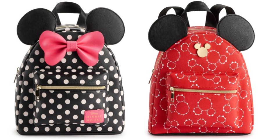 black and white polka dot Minnie Mouse and red and black Mickey Mouse mini backpacks