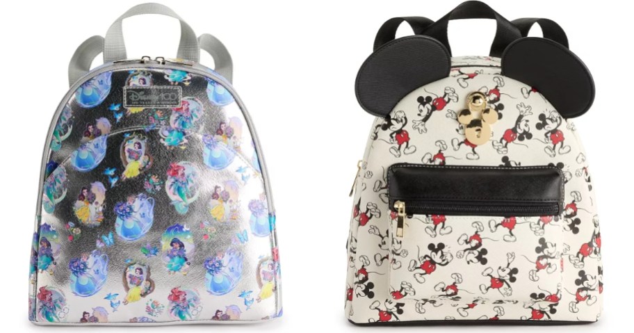 silver Disney Princess and white, black and red Mickey Mouse mini backpacks
