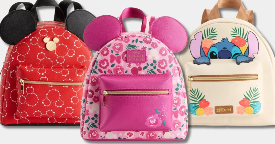 3 different color and style Disney Mini Backpacks - Minnie Mouse, Mickey Mouse and Stitch