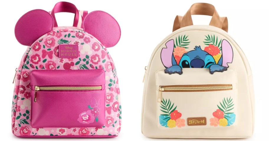 pink floral Minnie Mouse and off white Stitch Mini Backpacks
