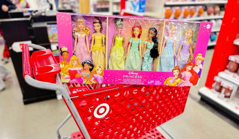 disney princess dolls gift set on top of a target cart