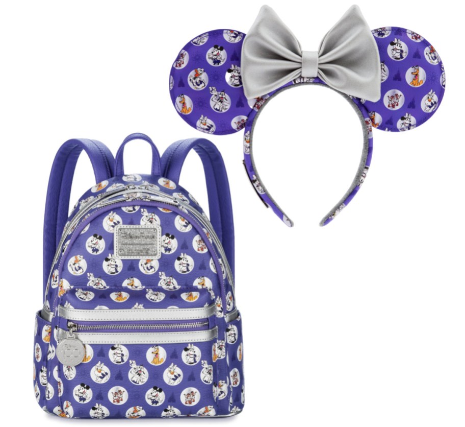 purple disney100 backpack and mouse ears
