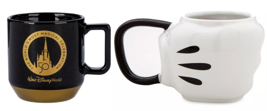 black coffee mug and mickey hand mug