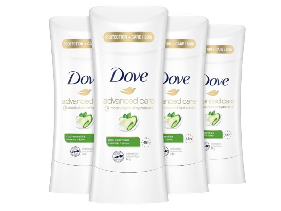 4 dove deodorants on white background