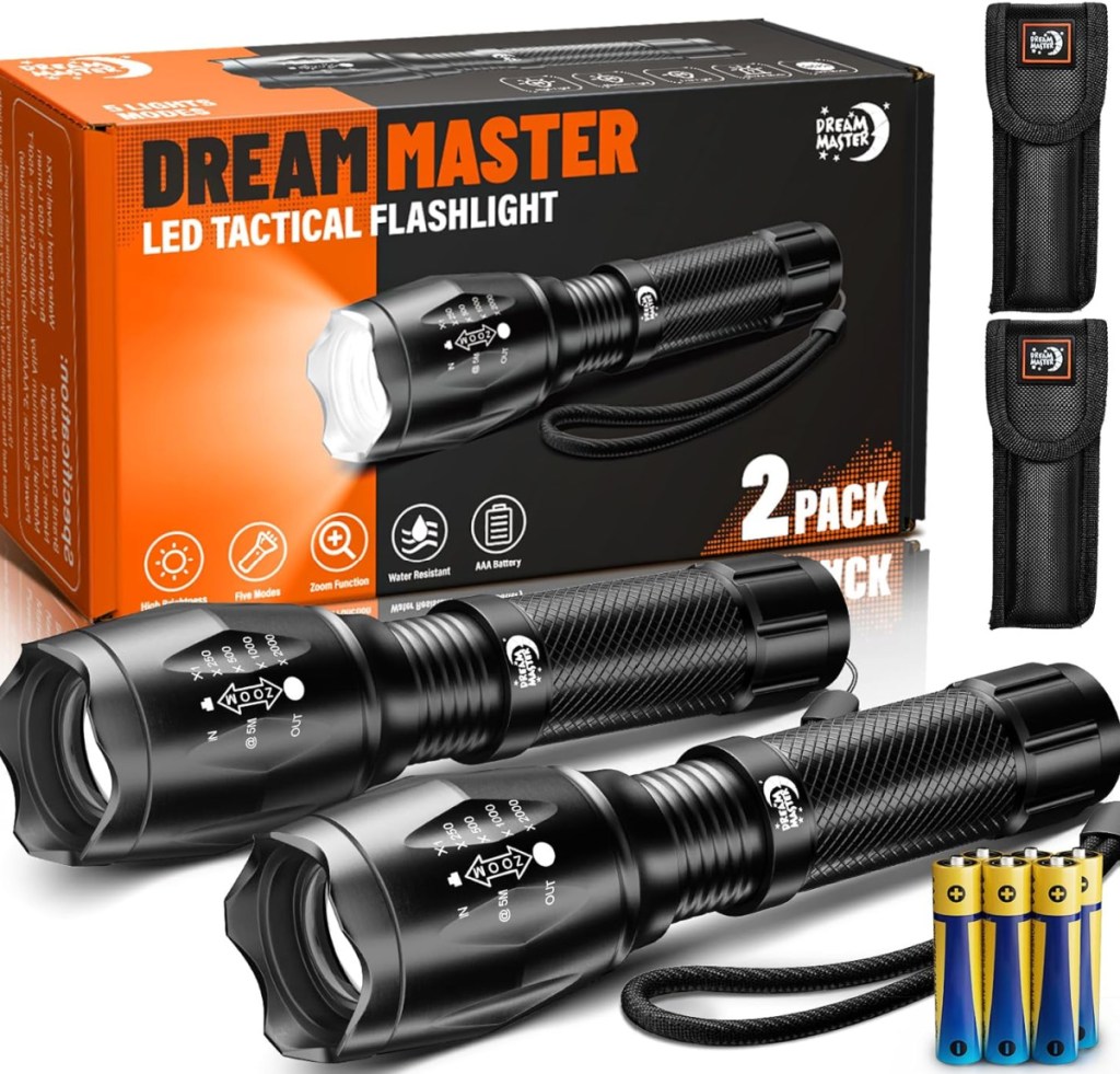 two mini flashlights and batteries with box