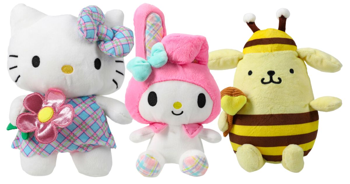 hello kitty squishmallow next to a bunny and bee squishmallow