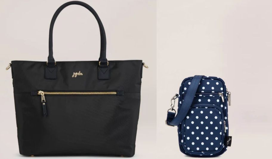 a large black tote bag and a small blue and white polka dotted crossbody bag