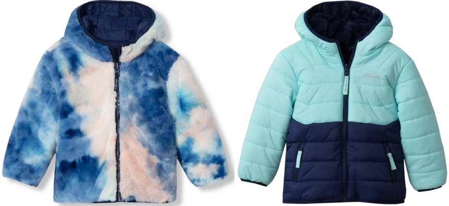 blue tie dye and light blue eddie bauer jackets 