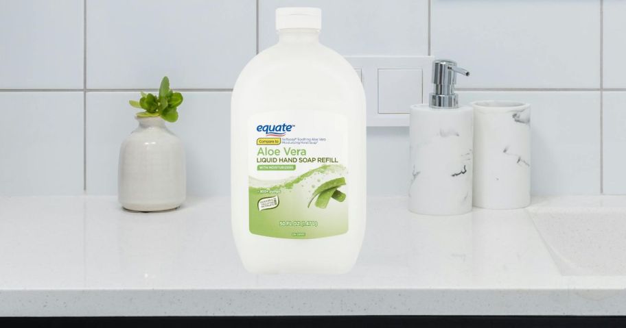 Equate Aloe Vera Liquid Hand Soap Refill, 50 fl oz on bathroom counter