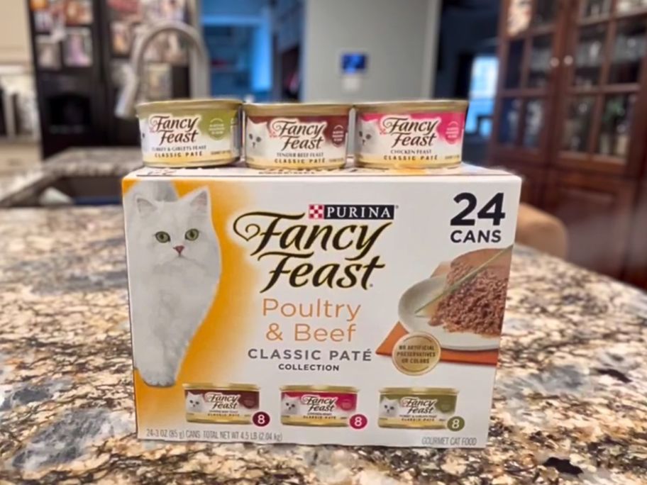 pack of fancy feast cat food on counter
