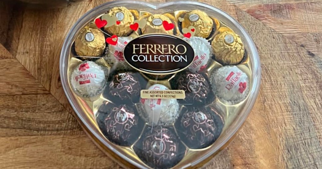ferrero rochero heart chocolate candy box on table