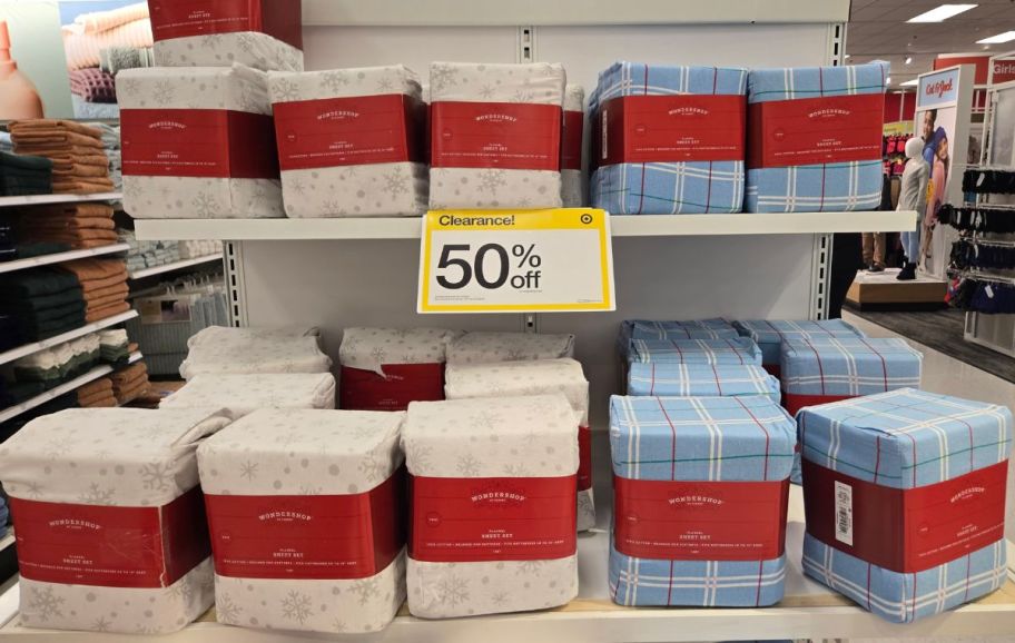 flannel sheet sets on a store end cap