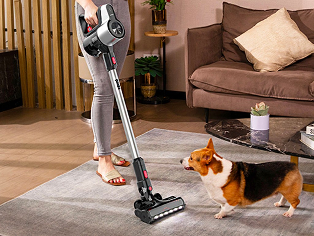 woman using silver cordless stick vacuum on rug in living room