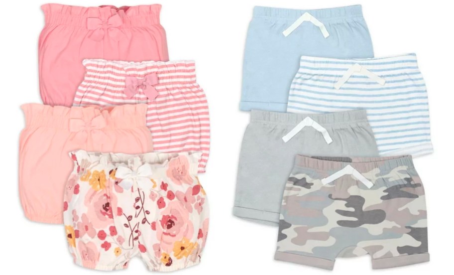 4 pink and 4 blue and gray baby bloomer shorts