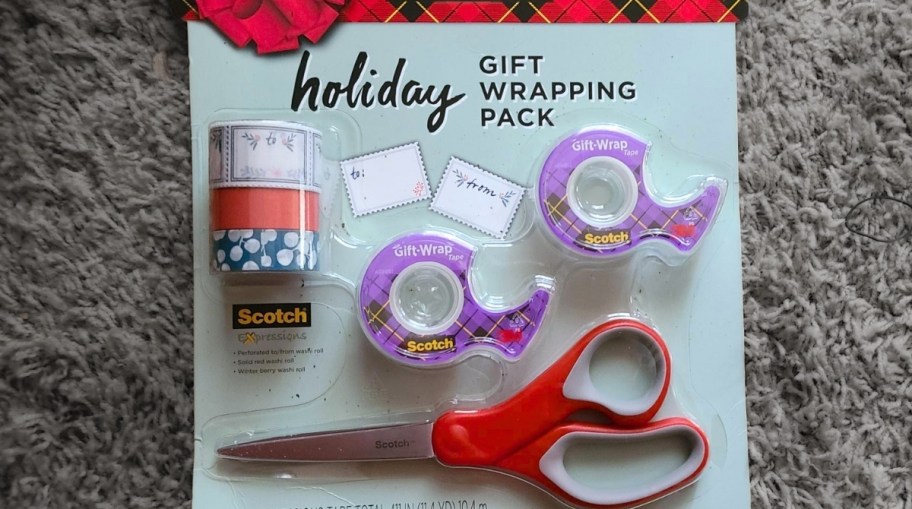 holiday gift wrap kit with scissors tape rolls, washi tape and gift tags