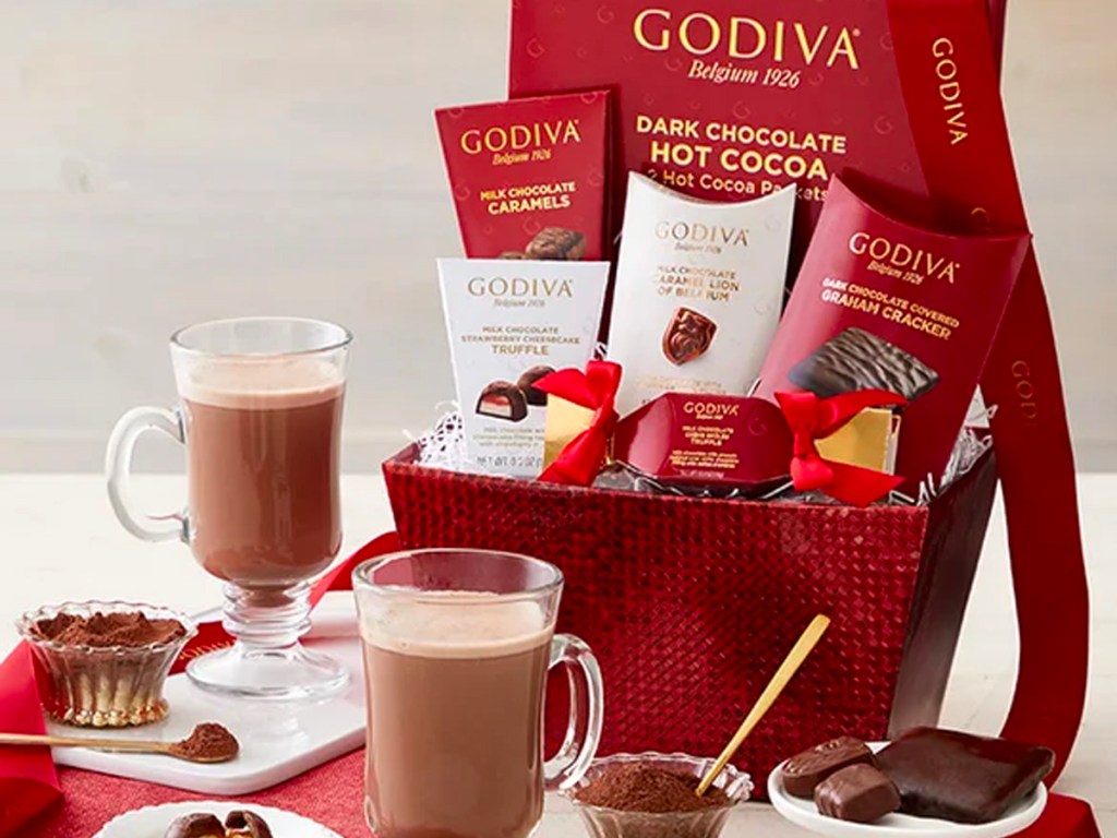 godiva gift basket with hot chocolate cups, and candy