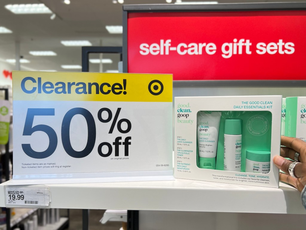 beauty gift set next to clearance sign
