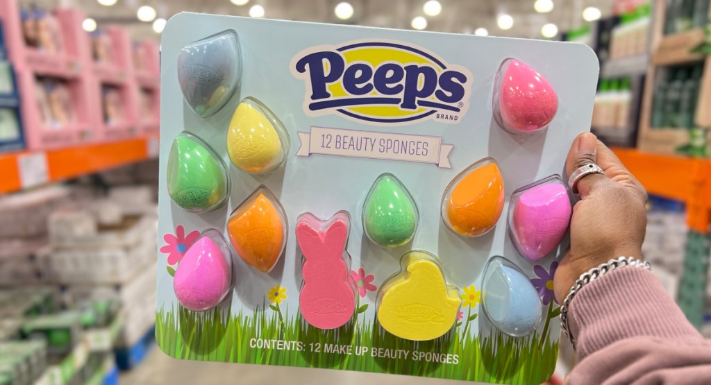 hand holding peeps 12 beauty sponges pack in hand