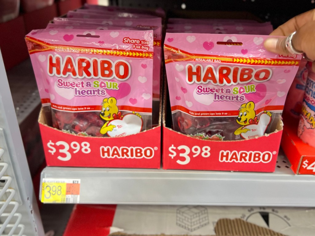 bags of haribo sweet and sour hearts in walmart store