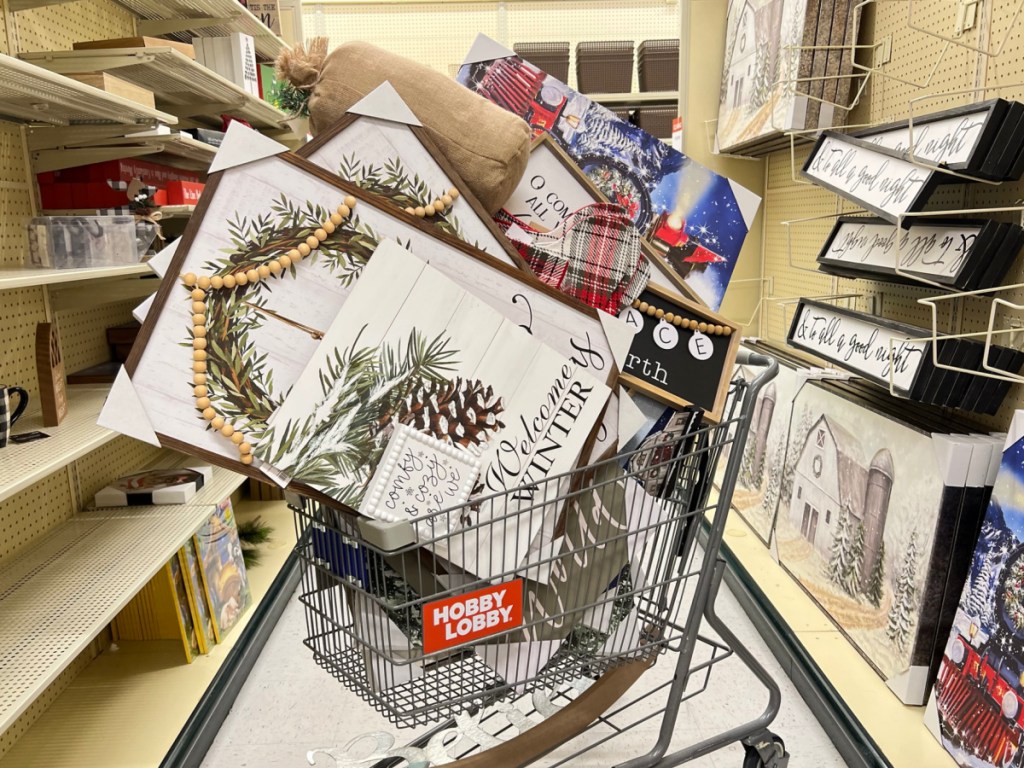 hobby lobby cart filled with items you can buy on clearance