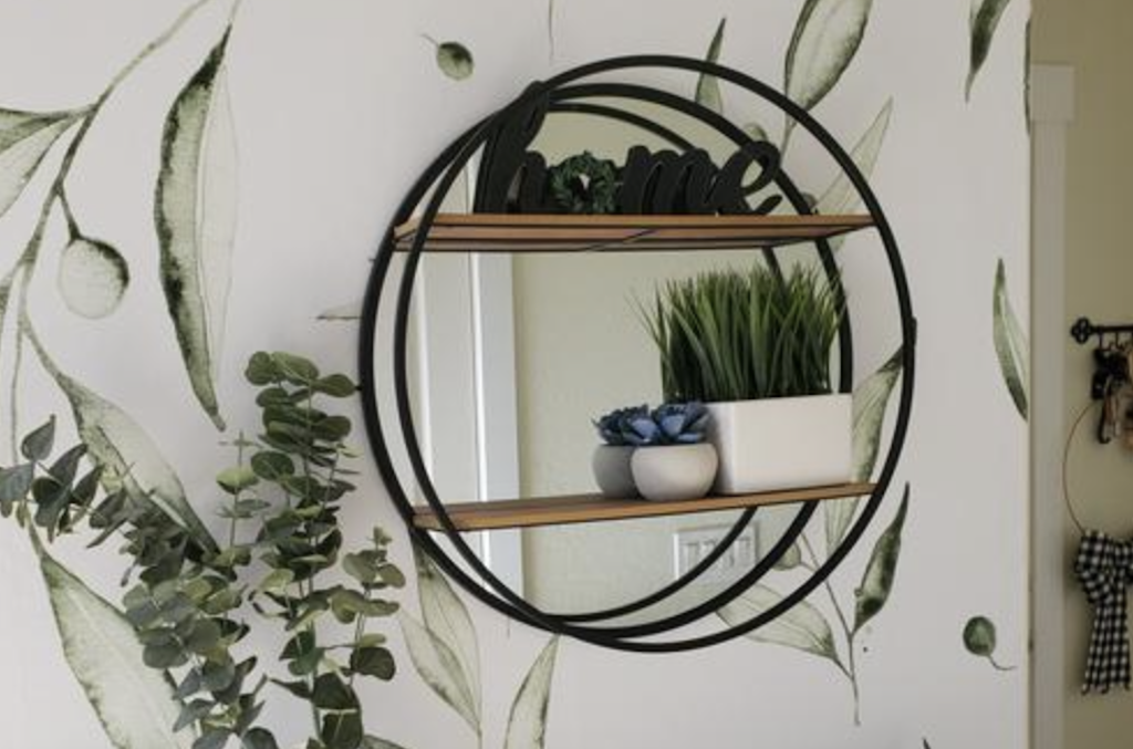 round mirror with shelves 