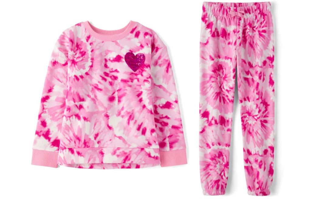 girls Tie Dye Sequin Heart Fleece Sweatshirt and joggers stock image