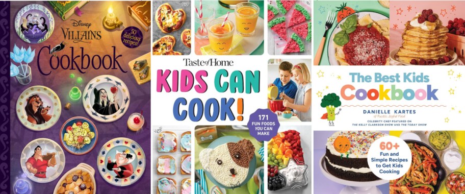 Three kids cookbook covers next to eachother.