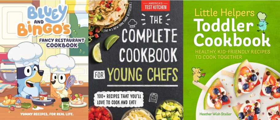 Three kids cookbook covers next to eachother.