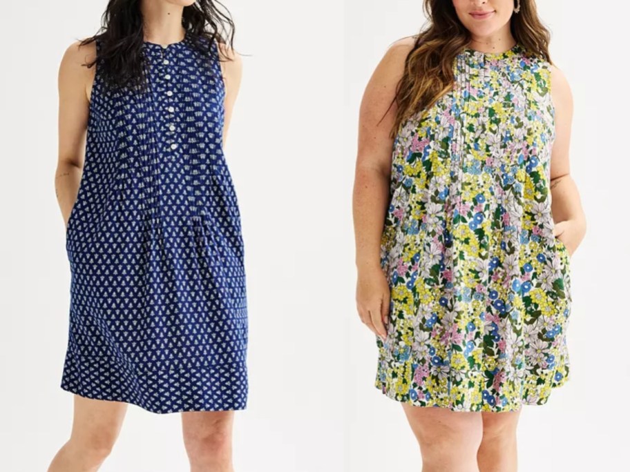 women wearing sleeveless pintuck dresses in different floral prints