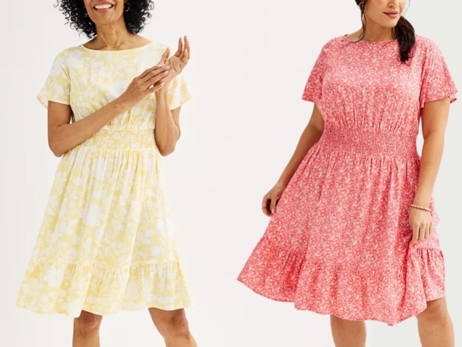 women wearing floral ruffle dresses, 1 in yellow and 1 in pink