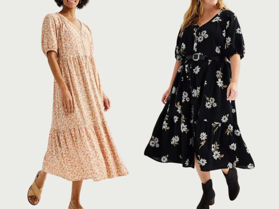 women wearing long floral midi dresses with puffy sleeves, 1 in peach and one in black