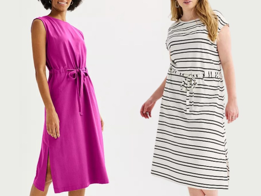 women wearing different color/pattern sleeveless tie belted dresses