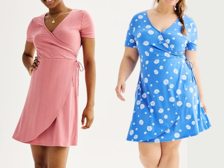 women wearing wrap tie dresses 1 in pink and 1 in bright blue and white floral