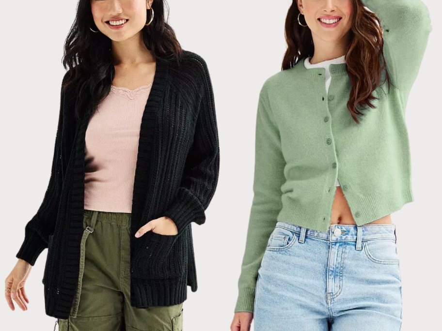 woman wearing a black open front knit cardigan with a pink top and olive pants and a woman wearing a cropped light green button up sweater with blue jeans