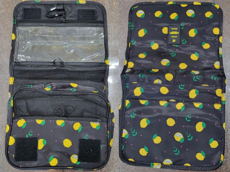 toiletry bag in navy with lemons laid own front and back image