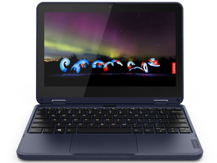 black laptop open with bright image on the screen
