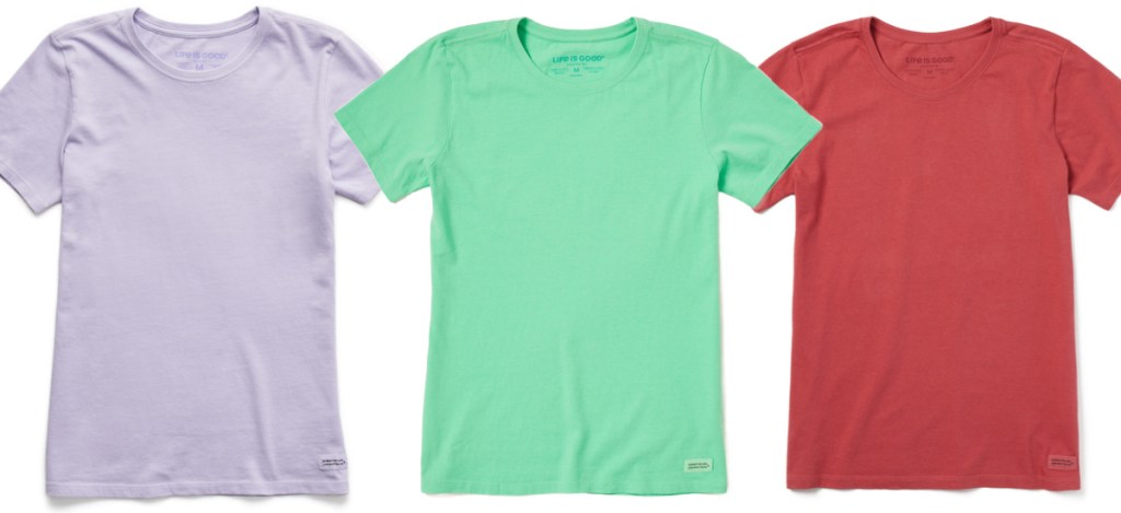 green purple and red crewneck tees